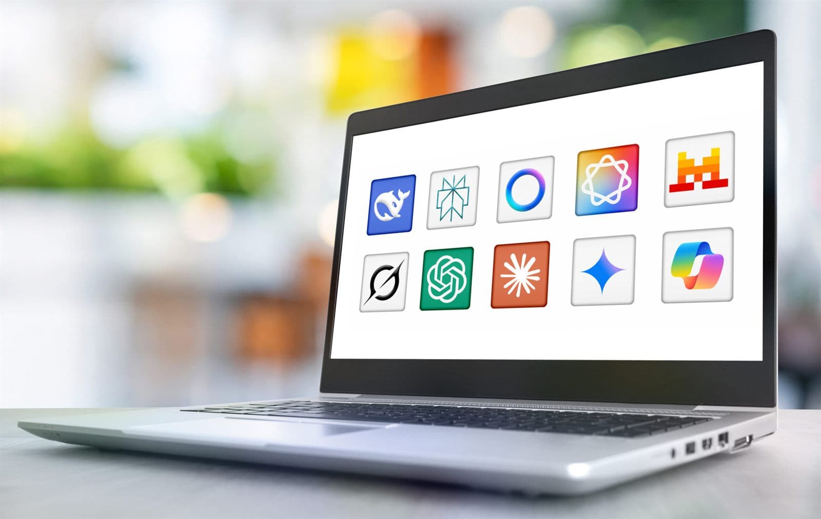 A laptop screen showing the icons of ten different AI tools