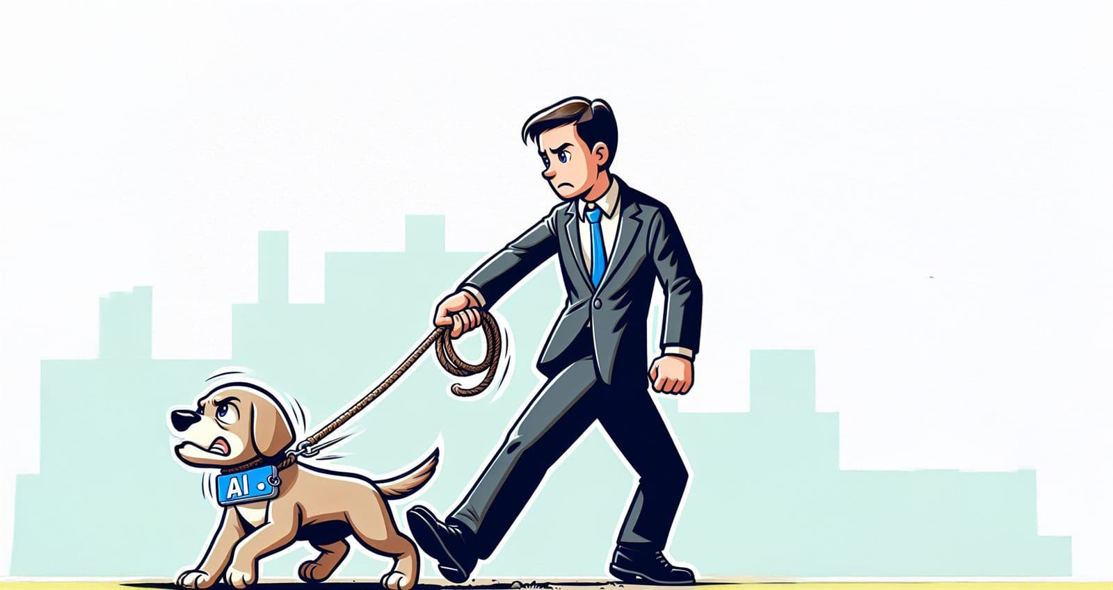 A cartoon of a man walking a dog wearing an AI name tag