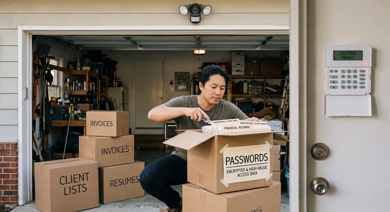 Boxes of client records and financial files stacked in a garage