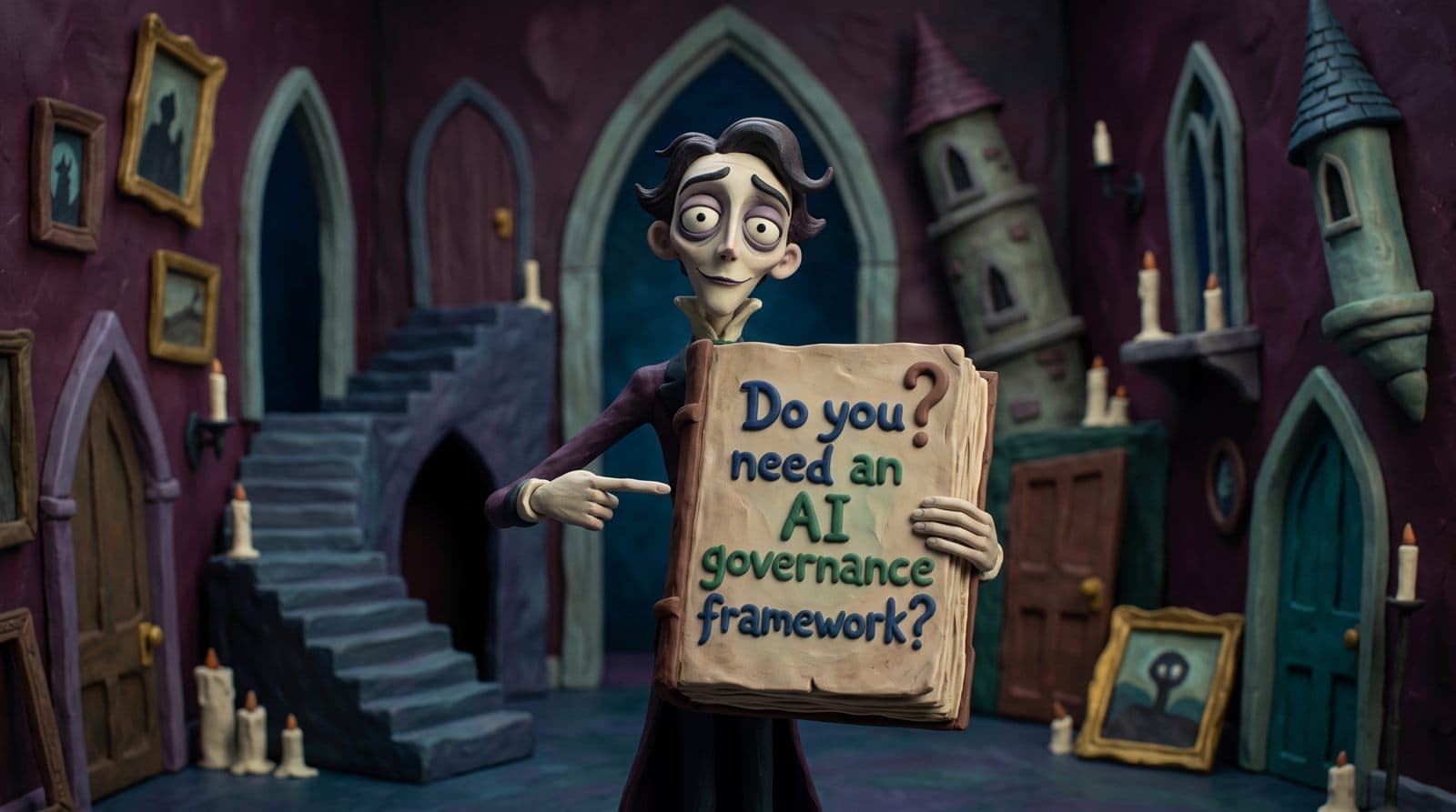 A claymation figure holding a book asking whether you need an AI governance framework