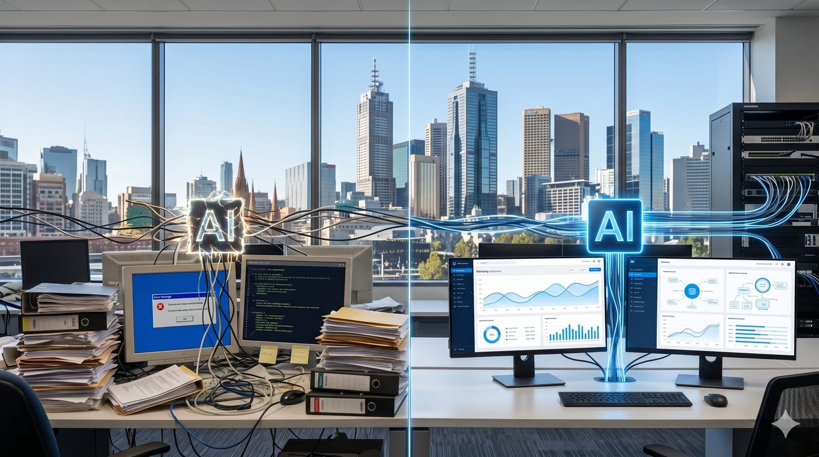 A split view of a cluttered old office and a modern one, with the Melbourne skyline behind