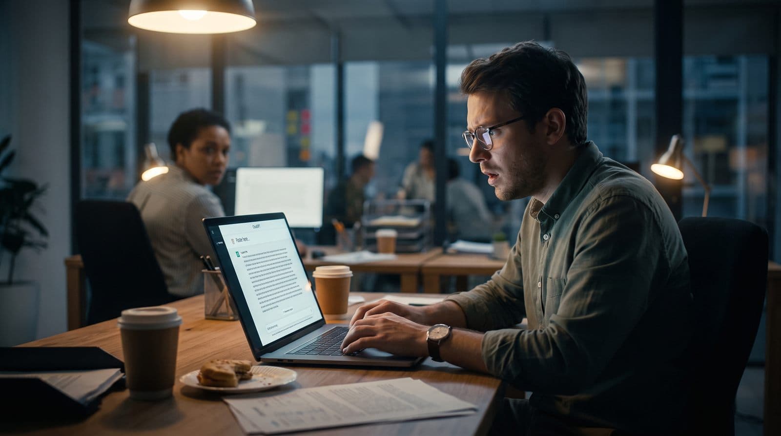 Someone pasting a document into ChatGPT on a laptop in an office at night